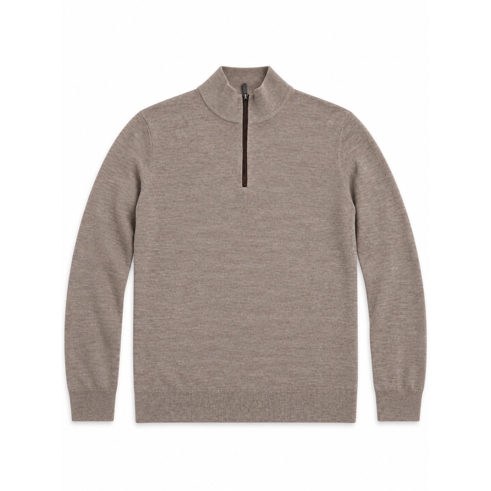 UNTUCKit Mens Large Tan Heather 100% Extrafine Merino Wool Quarter Zip Sweater